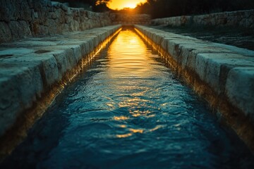 Poster - Sunset illuminates a tranquil waterway flowing through ancient stone channels.