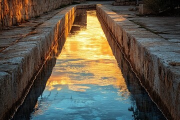 Aufkleber - Golden sunset reflected in a narrow stone channel, creating a serene and captivating scene.
