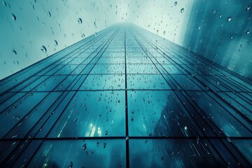 Poster - Rain drops falling on a skyscraper's glass facade, creating a dramatic, teal-toned view.