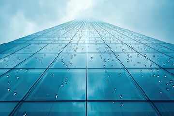 Poster - Rain drops on a modern glass skyscraper's facade, creating a stunning visual.
