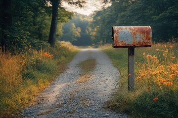Aufkleber - Rustic mailbox stands alone on a gravel road, surrounded by wildflowers and a tranquil forest.