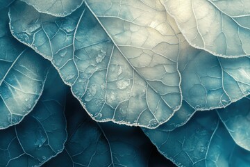 Poster - Close-up of frost-covered leaves, showcasing intricate vein patterns and icy texture.
