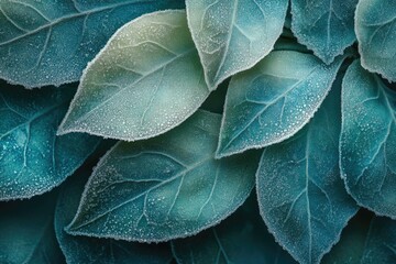 Poster - Close-up of teal leaves covered in morning dew, showcasing intricate details and textures.
