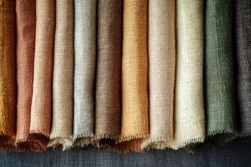Aufkleber - A collection of rolled-up linen fabrics in various earthy tones, showcasing diverse textures and colors.