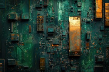 Poster - Close-up of a weathered circuit board, showcasing intricate electronic components and aged copper traces.