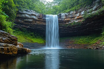 Poster - Serene waterfall cascading down layered rock face, surrounded by lush green rainforest.
