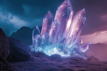 Poster - Glowing purple and blue crystals emerge from a rocky landscape under a dramatic sky.