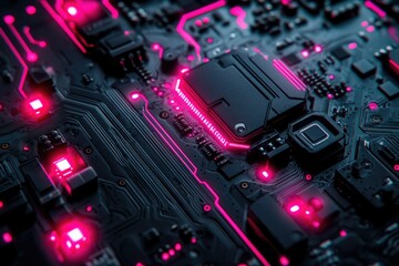 Aufkleber - Close-up of a futuristic circuit board with glowing pink lines, showcasing intricate technological details.