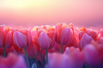 Poster - Soft pink tulips bathed in sunset light, creating a serene and romantic scene.