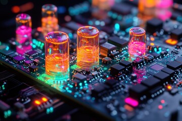 Aufkleber - Close-up of illuminated vacuum tubes on a vibrant circuit board, showcasing intricate electronic components.