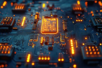 Poster - Close-up of a circuit board with glowing components, showcasing intricate technological details.