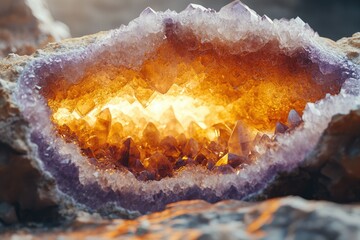 Poster - Illuminated geode reveals stunning orange and purple crystal formations, a captivating natural wonder.