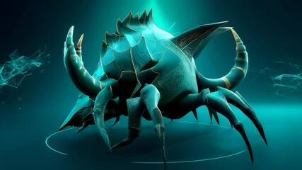 Poster - Majestic bull skull against a vibrant green background with a colorful blue and gold creature