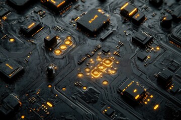 Poster - Close-up view of a dark, detailed circuit board with glowing components, showcasing intricate technological design.