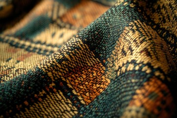 Aufkleber - Close-up of textured fabric with intricate pattern in teal, gold, and brown hues.