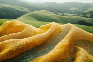 Poster - Golden linen fabric draped over a picturesque landscape of rolling green hills.
