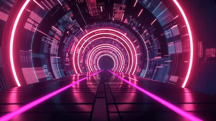 Poster - Neon lights illuminate a futuristic pathway through a vibrant digital tunnel at sunset in a mesmerizing virtual world Generative AI