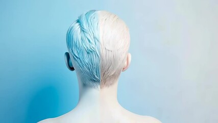 Poster - Stunning transformation with bold blue accents on a striking artistic mannequin in a serene backdrop Generative AI