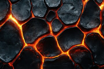 Poster - Molten lava flows through cracks in dark volcanic rocks, creating a fiery, textured surface.