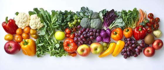  Vibrant assortment of fresh fruits and vegetables arranged in a colorful row on a white background, showcasing healthy eating and natural goodness.