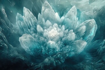 Poster - A breathtaking underwater scene of a large, luminous teal crystal formation resembling a flower.