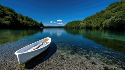 Naklejka na meble A small white rowboat rests peacefully on the edge of a serene, clear lake.