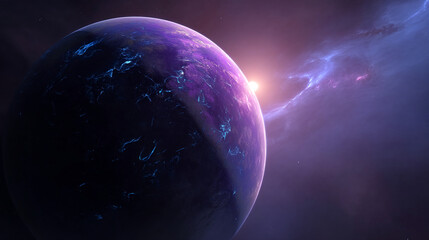 Aufkleber - Purple planet, glowing blue veins, cosmic background, sunlit side, nebula, space scene, suggesting mystery, exploration, and the vastness of the universe