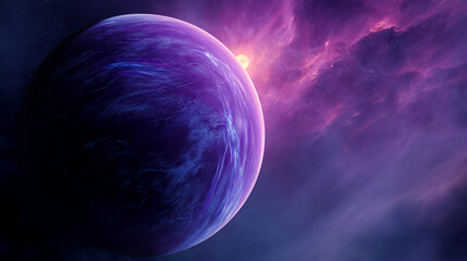 Poster - Purple planet with blue streaks, orbiting a yellow sun in a nebula of purple and pink hues, representing cosmic beauty and mystery, ideal for space exploration or fantasy themes