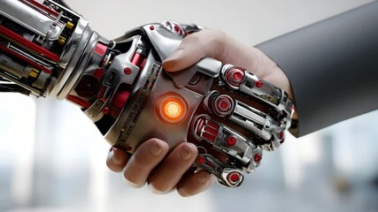 Poster - Robot and human engaging in friendly handshake symbolizing cooperation and future technology