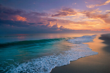 Poster - Ocean wave gently washing ashore at sunset, colorful sky with clouds reflecting on water, peaceful beach scene ideal for travel or nature themes