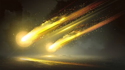 Wall Mural - two bright comets streak through a dark sky, leaving golden trails and shimmering particles in their
