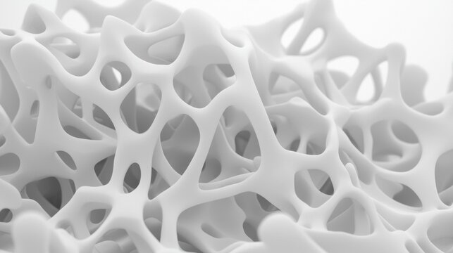 A 3D rendering of a complex, organic structure composed of interconnected white lines and shapes.
