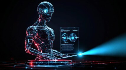 Poster - Futuristic robot reviewing digital data.