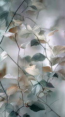 Poster - Close-up of delicate, pastel-toned leaves and branches, creating a serene and ethereal image, showcasing tranquility and natural beauty, ideal for a calming aesthetic