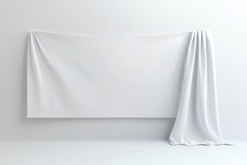 Fototapete - Elegant white cloth draped over a blank surface against a white wall and floor, creating a minimalist, pristine backdrop with soft texture.