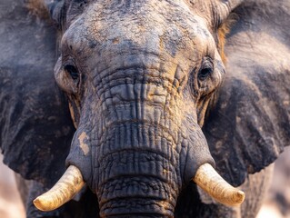 majestic african elephant portrait showcasing wrinkled skin and ivory tusks in natural light close u