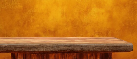 Poster - Rustic wooden table against a textured golden wall creating a warm inviting atmosphere with a vintage charm perfect for product displays and creative compositions
