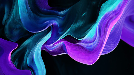 Poster - Abstract image of flowing, vibrant blue and purple textile-like forms on black background, suggesting movement and energy, ideal for design or artistic concepts