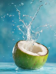 Poster - Fresh coconut bursts with refreshing water against a vibrant blue backdrop creating a tropical splash of flavor and hydration in a captivating still life