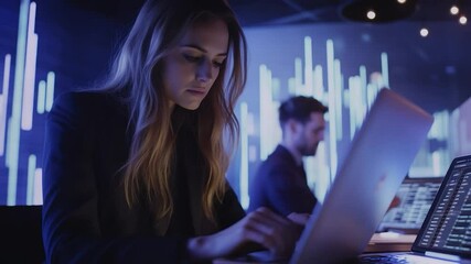 Poster - Focused woman working on laptop in a modern office.