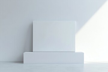 Fototapete - Minimalist white display stand against a clean white wall with gentle shadows, perfect for highlighting a product in a serene setting.