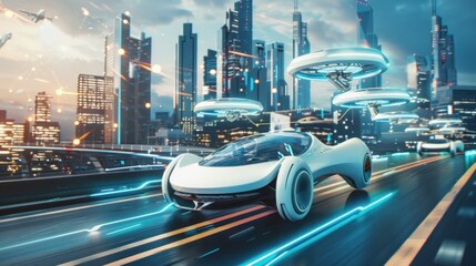 Poster - futuristic cityscape with flying cars