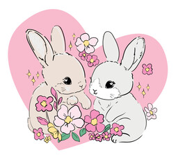 Poster - Hand Drawn Cute Bunny and wild flowers vector, design rabbit, kids print