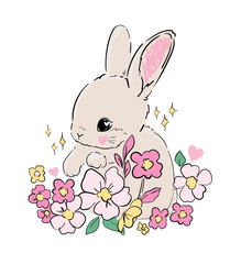 Poster - Hand Drawn Cute Bunny and wild flowers vector, design rabbit, kids print