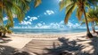 © MDAFSHAR - Wooden floor with palm trees on the beach.