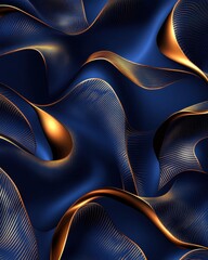 Poster - Elegant flowing blue and gold fabric with intricate line patterns creating a luxurious and modern aesthetic perfect for artistic backgrounds or design elements