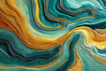 Poster - Abstract image of swirling teal, gold, and beige textures resembling layered fabric or resin art, creating a luxurious and dynamic visual effect suitable for various design applications