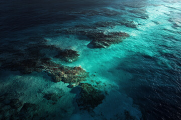 Poster - Aerial view of turquoise ocean water above dark seabed, showcasing underwater texture and depth, symbolizing serenity, tranquility, and nature's beauty