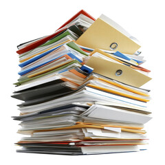 Poster - A cluttered pile of diverse folders and paperwork on a transparent background showcasing disorganization and workload, Pile of folders and paperwork