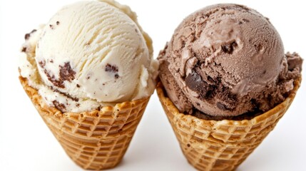 Poster - Delicious ice cream cones on a white background featuring vanilla and chocolate flavors showcasing sweet indulgence and summer treat with a clean studio shot